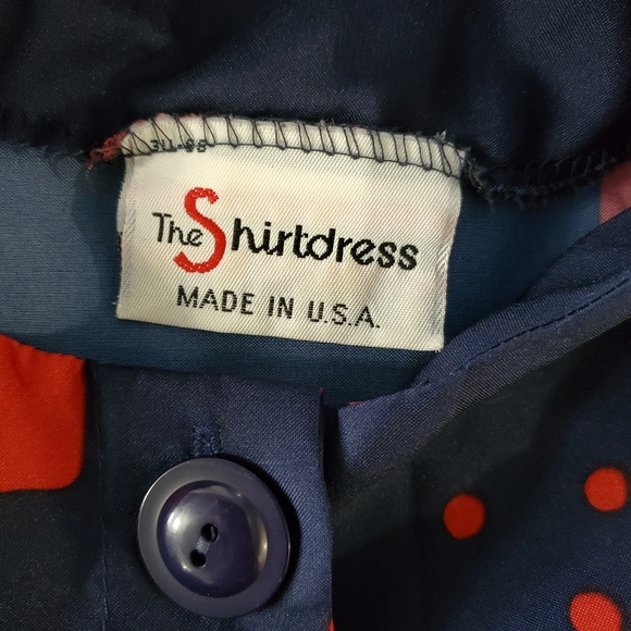 Vintage 80s Navy Blue & Red Abstract Geometric The Shirt Dress Puff Sleeves Midi - Picture 4 of 9